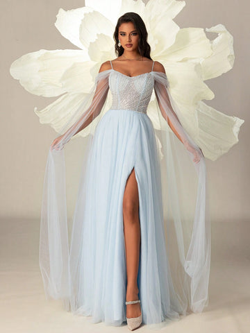 Elegant Blue High-Waist Sheer Mesh Women Off-Shoulder Side Slit Evening Party Dress