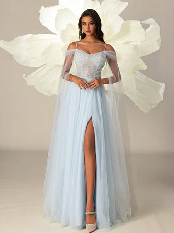 Elegant Blue High-Waist Sheer Mesh Women Off-Shoulder Side Slit Evening Party Dress