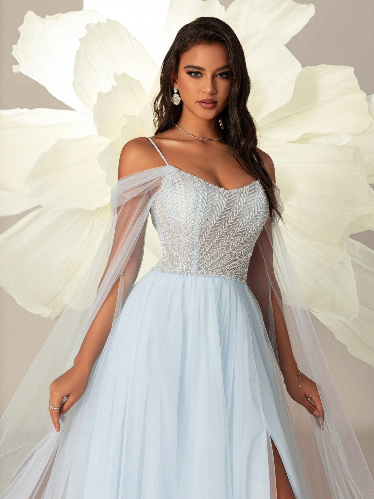 Elegant Blue High-Waist Sheer Mesh Women Off-Shoulder Side Slit Evening Party Dress