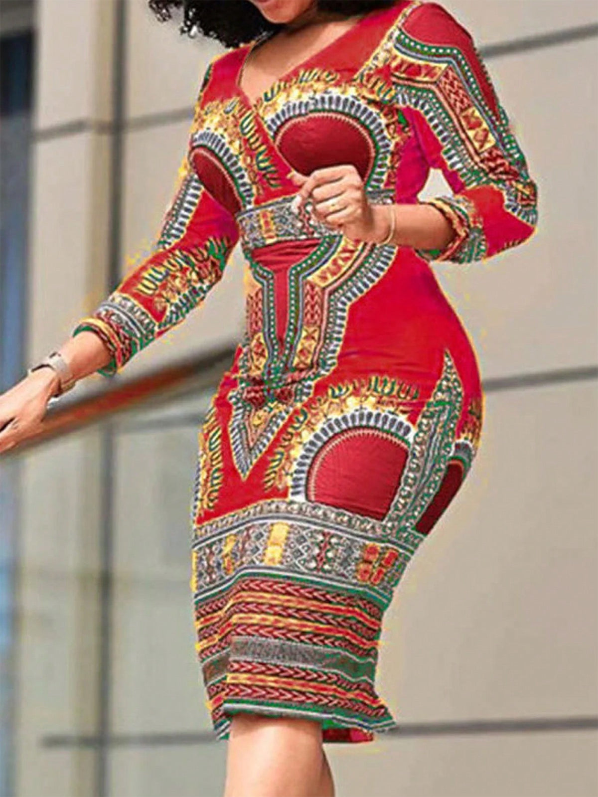 Elegant Bodycon Long Sleeve Printed Dress For Spring And Autumn