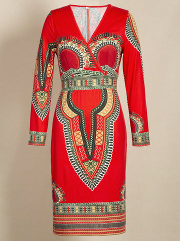Elegant Bodycon Long Sleeve Printed Dress For Spring And Autumn