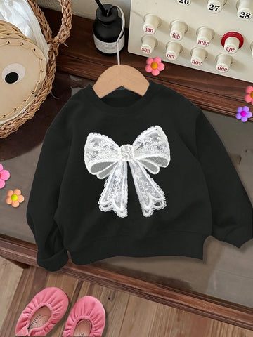 Elegant Bow Decor, Young Girls Casual Everyday Comfortable Thicken Knit Long Sleeve Sweatshirt, Suitable For Autumn/Winter