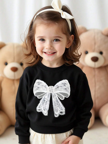 Elegant Bow Decor, Young Girls Casual Everyday Comfortable Thicken Knit Long Sleeve Sweatshirt, Suitable For Autumn/Winter