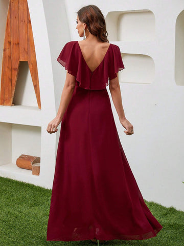Elegant Bridesmaid's Floor-Length Chiffon Dress With V-Neckline And Front Slit