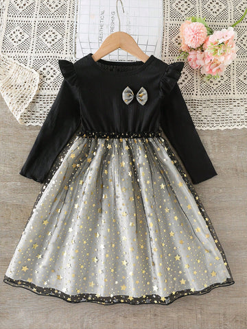Elegant Butterfly & Star Mesh Patchwork Princess Dress For Young Girl