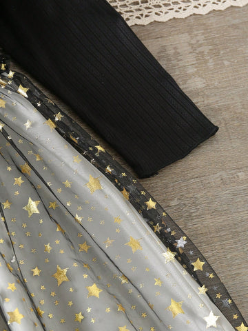 Elegant Butterfly & Star Mesh Patchwork Princess Dress For Young Girl