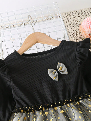 Elegant Butterfly & Star Mesh Patchwork Princess Dress For Young Girl