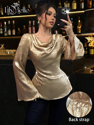 Elegant Casual Party And New Year Event Wearable Metallic Coated Fabric Back Waist Tied Neck Flare Sleeve Shirt,