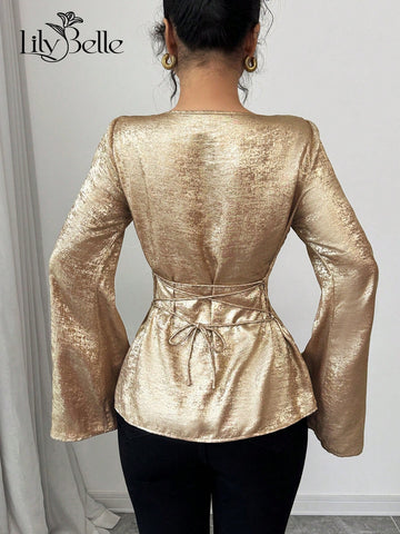 Elegant Casual Party And New Year Event Wearable Metallic Coated Fabric Back Waist Tied Neck Flare Sleeve Shirt,