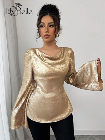 Elegant Casual Party And New Year Event Wearable Metallic Coated Fabric Back Waist Tied Neck Flare Sleeve Shirt,
