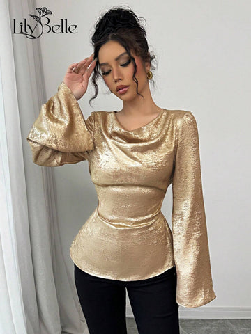Elegant Casual Party And New Year Event Wearable Metallic Coated Fabric Back Waist Tied Neck Flare Sleeve Shirt,