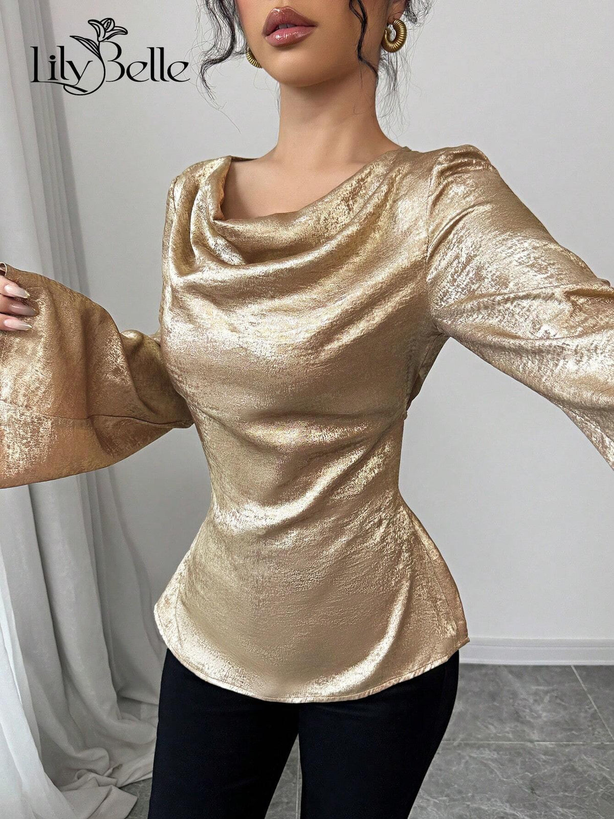 Elegant Casual Party And New Year Event Wearable Metallic Coated Fabric Back Waist Tied Neck Flare Sleeve Shirt,