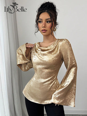 Elegant Casual Party And New Year Event Wearable Metallic Coated Fabric Back Waist Tied Neck Flare Sleeve Shirt,