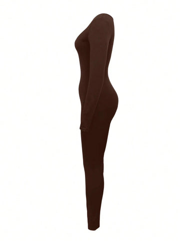 Elegant Casual Solid Black Long Sleeve Jumpsuit, V-Neck