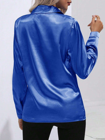 Elegant Collar Single-Breasted Faux Silk Solid Color Long Sleeve Shirt For Women, Fashion Top