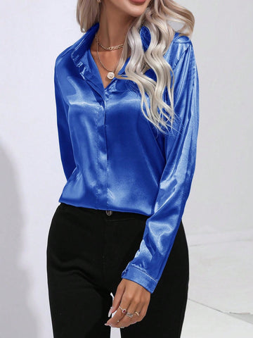 Elegant Collar Single-Breasted Faux Silk Solid Color Long Sleeve Shirt For Women, Fashion Top
