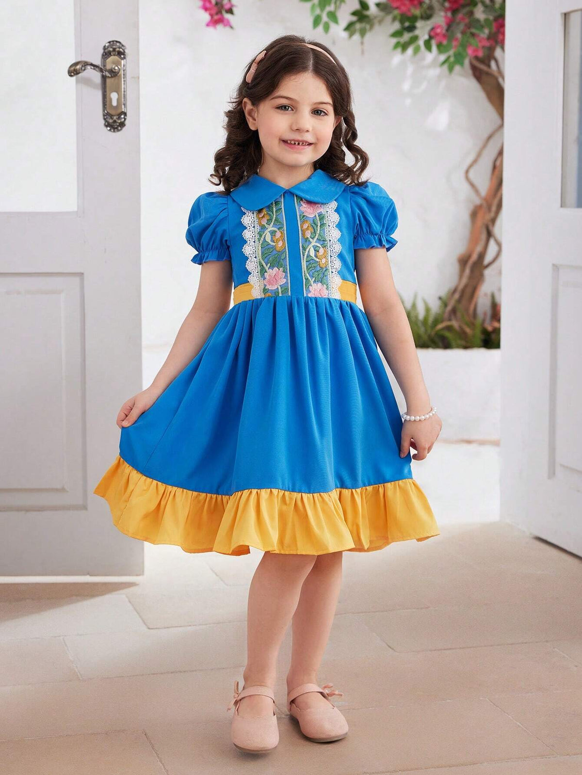 Elegant Color-Block Peter Pan Collar Princess Dress With Bright Lace Trim For Toddler Girls, Suitable For Summer, School, Outdoors, Picnics And Parties