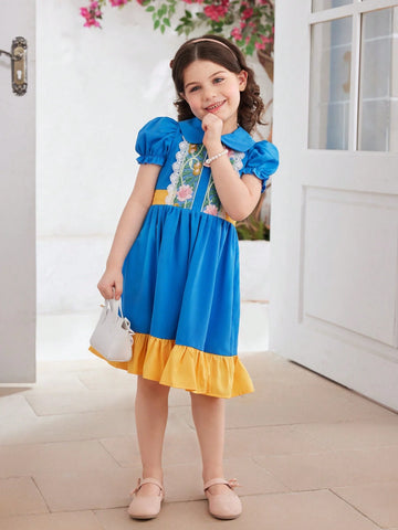 Elegant Color-Block Peter Pan Collar Princess Dress With Bright Lace Trim For Toddler Girls, Suitable For Summer, School, Outdoors, Picnics And Parties