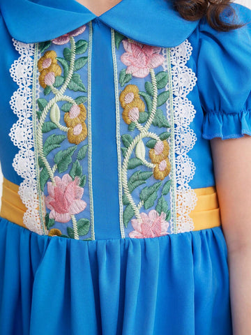 Elegant Color-Block Peter Pan Collar Princess Dress With Bright Lace Trim For Toddler Girls, Suitable For Summer, School, Outdoors, Picnics And Parties