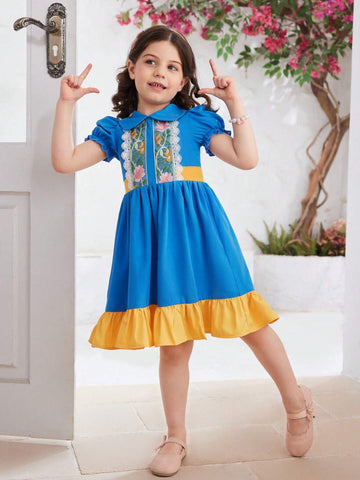 Elegant Color-Block Peter Pan Collar Princess Dress With Bright Lace Trim For Toddler Girls, Suitable For Summer, School, Outdoors, Picnics And Parties