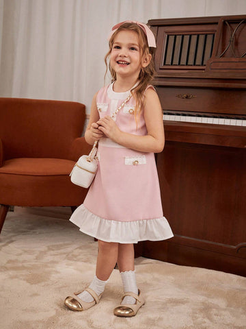 Elegant Color Block Ruffle Hem Sleeveless Dress For Young Girls, Summer