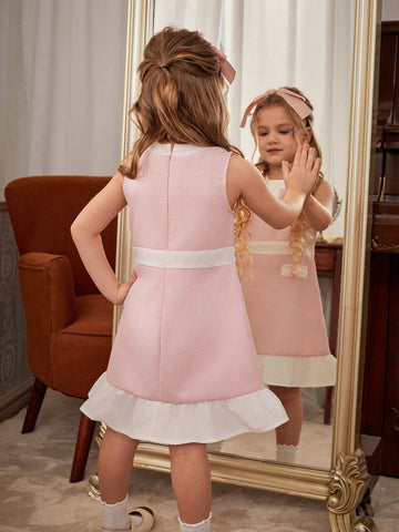 Elegant Color Block Ruffle Hem Sleeveless Dress For Young Girls, Summer