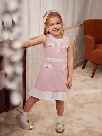 Elegant Color Block Ruffle Hem Sleeveless Dress For Young Girls, Summer