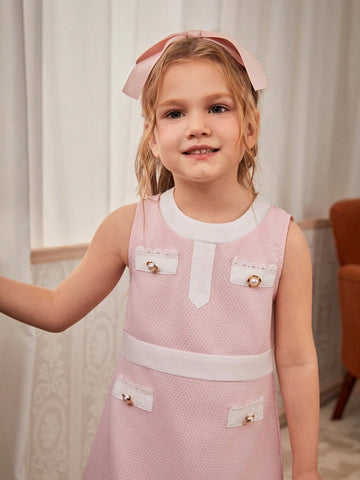 Elegant Color Block Ruffle Hem Sleeveless Dress For Young Girls, Summer