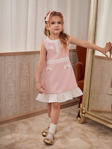 Elegant Color Block Ruffle Hem Sleeveless Dress For Young Girls, Summer