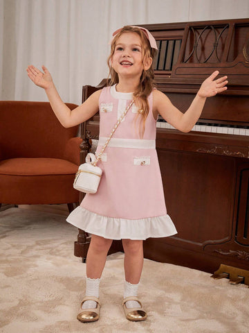 Elegant Color Block Ruffle Hem Sleeveless Dress For Young Girls, Summer