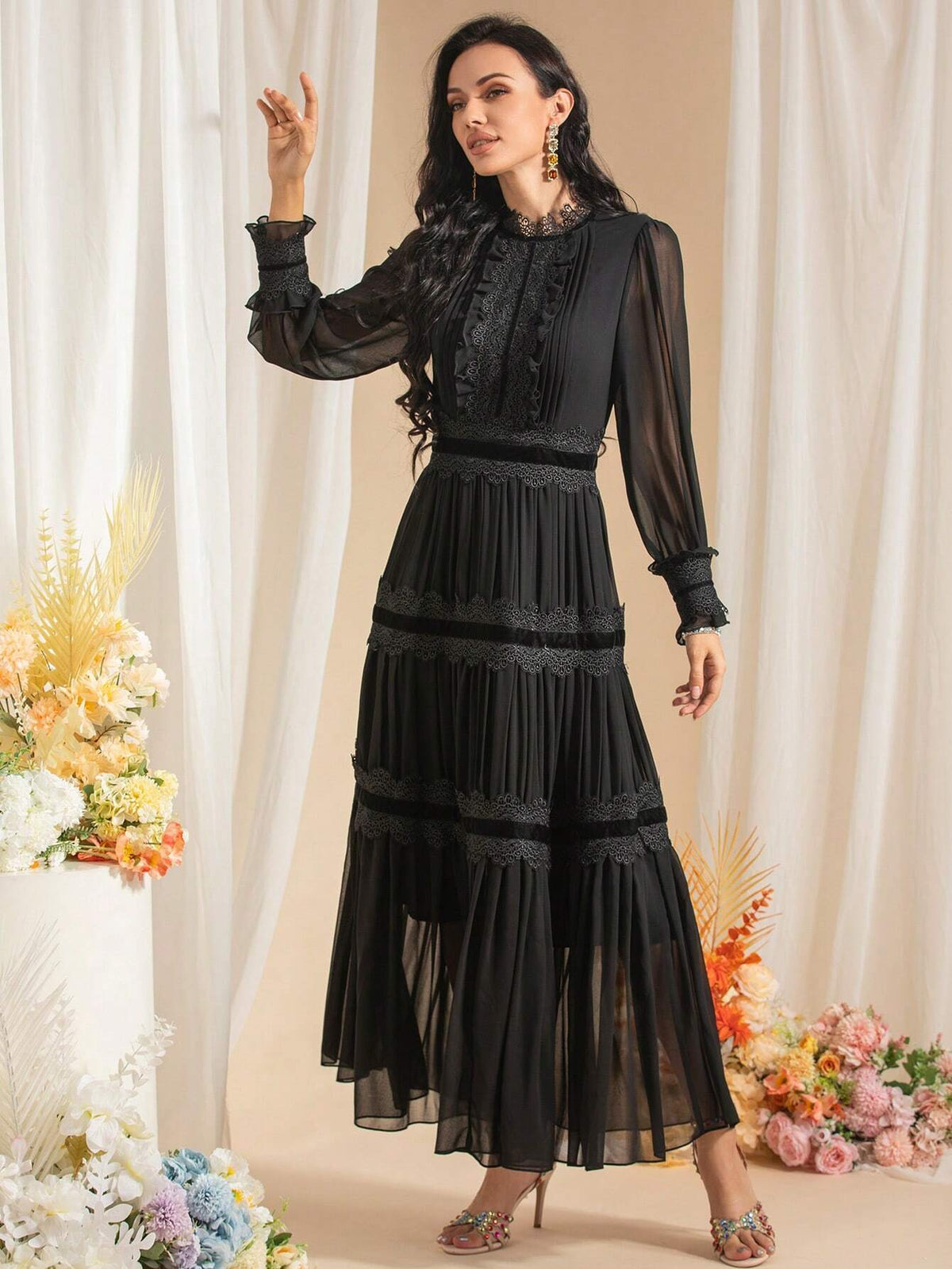 Elegant Fashion Lace Applique Dress Women Light Luxury Retro Chiffon Lantern Sleeves Thin Long Dress Slim Large Swing