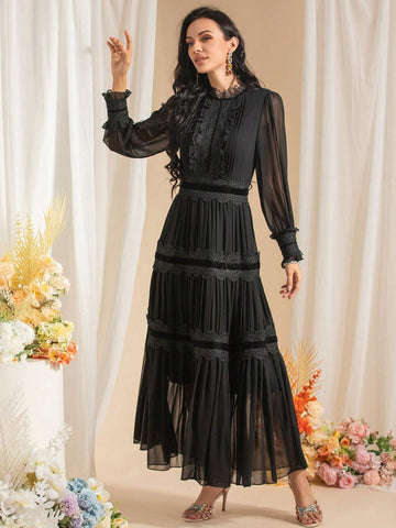 Elegant Fashion Lace Applique Dress Women Light Luxury Retro Chiffon Lantern Sleeves Thin Long Dress Slim Large Swing