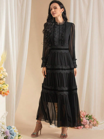 Elegant Fashion Lace Applique Dress Women Light Luxury Retro Chiffon Lantern Sleeves Thin Long Dress Slim Large Swing