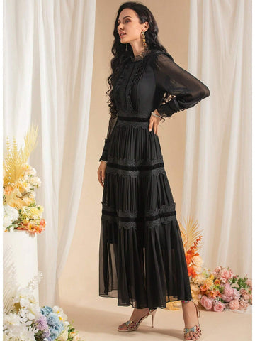 Elegant Fashion Lace Applique Dress Women Light Luxury Retro Chiffon Lantern Sleeves Thin Long Dress Slim Large Swing