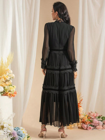 Elegant Fashion Lace Applique Dress Women Light Luxury Retro Chiffon Lantern Sleeves Thin Long Dress Slim Large Swing