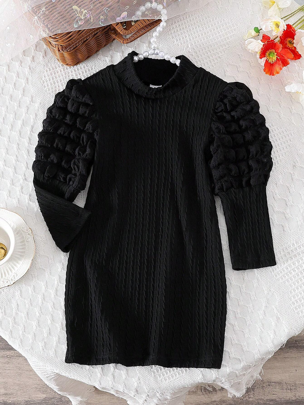 Elegant Fashion Stand Collar Knitting Bubble Sleeve Dress For Girls, Suitable For Spring/Fall Resort, Outdoor, Party