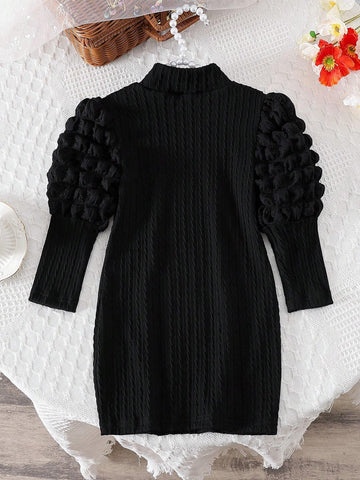 Elegant Fashion Stand Collar Knitting Bubble Sleeve Dress For Girls, Suitable For Spring/Fall Resort, Outdoor, Party