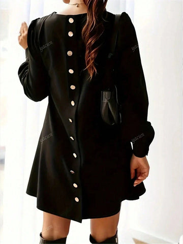 Elegant Fashionable Vibrant Solid Color Flare Hem Long Sleeve Round Neck Metal Button Dress, Autumn Winter