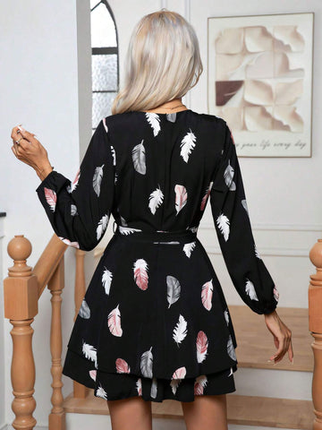 Elegant Feather Print Multi-Layer Ruffled V-Neck Tie Waist Long Sleeve Dress