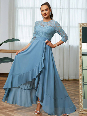 Elegant Floor-Length Bridesmaid Dress With V Neckline, Lace And Chiffon Patchwork And Pleated Hem