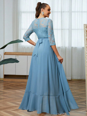 Elegant Floor-Length Bridesmaid Dress With V Neckline, Lace And Chiffon Patchwork And Pleated Hem