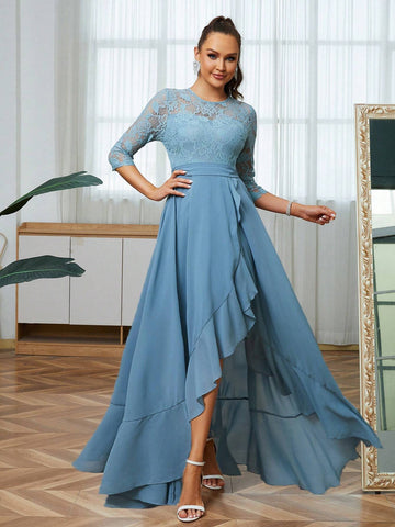Elegant Floor-Length Bridesmaid Dress With V Neckline, Lace And Chiffon Patchwork And Pleated Hem