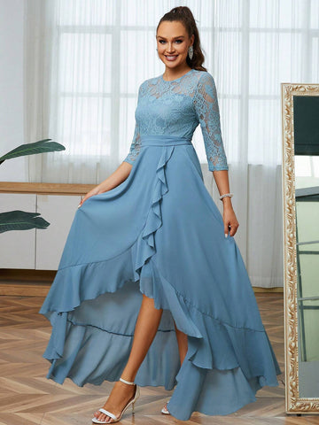 Elegant Floor-Length Bridesmaid Dress With V Neckline, Lace And Chiffon Patchwork And Pleated Hem