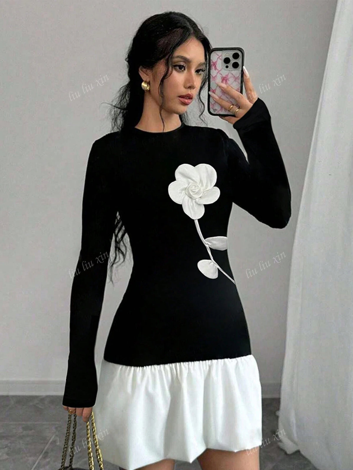 Elegant Floral Patchwork Fitted Romantic Dress For Women, Autumn