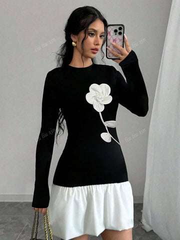 Elegant Floral Patchwork Fitted Romantic Dress For Women, Autumn