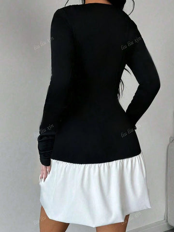 Elegant Floral Patchwork Fitted Romantic Dress For Women, Autumn