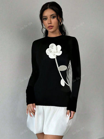 Elegant Floral Patchwork Fitted Romantic Dress For Women, Autumn