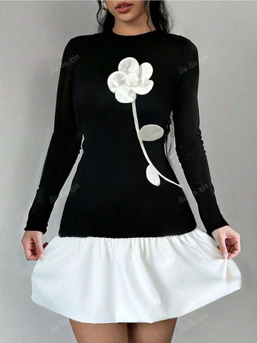 Elegant Floral Patchwork Fitted Romantic Dress For Women, Autumn