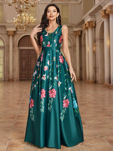 Elegant Floral Print Waist-Cinched Maxi Bridesmaid Dress