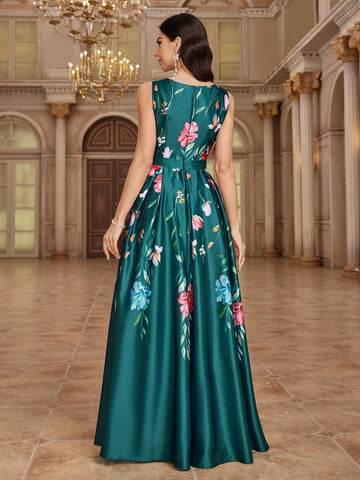 Elegant Floral Print Waist-Cinched Maxi Bridesmaid Dress
